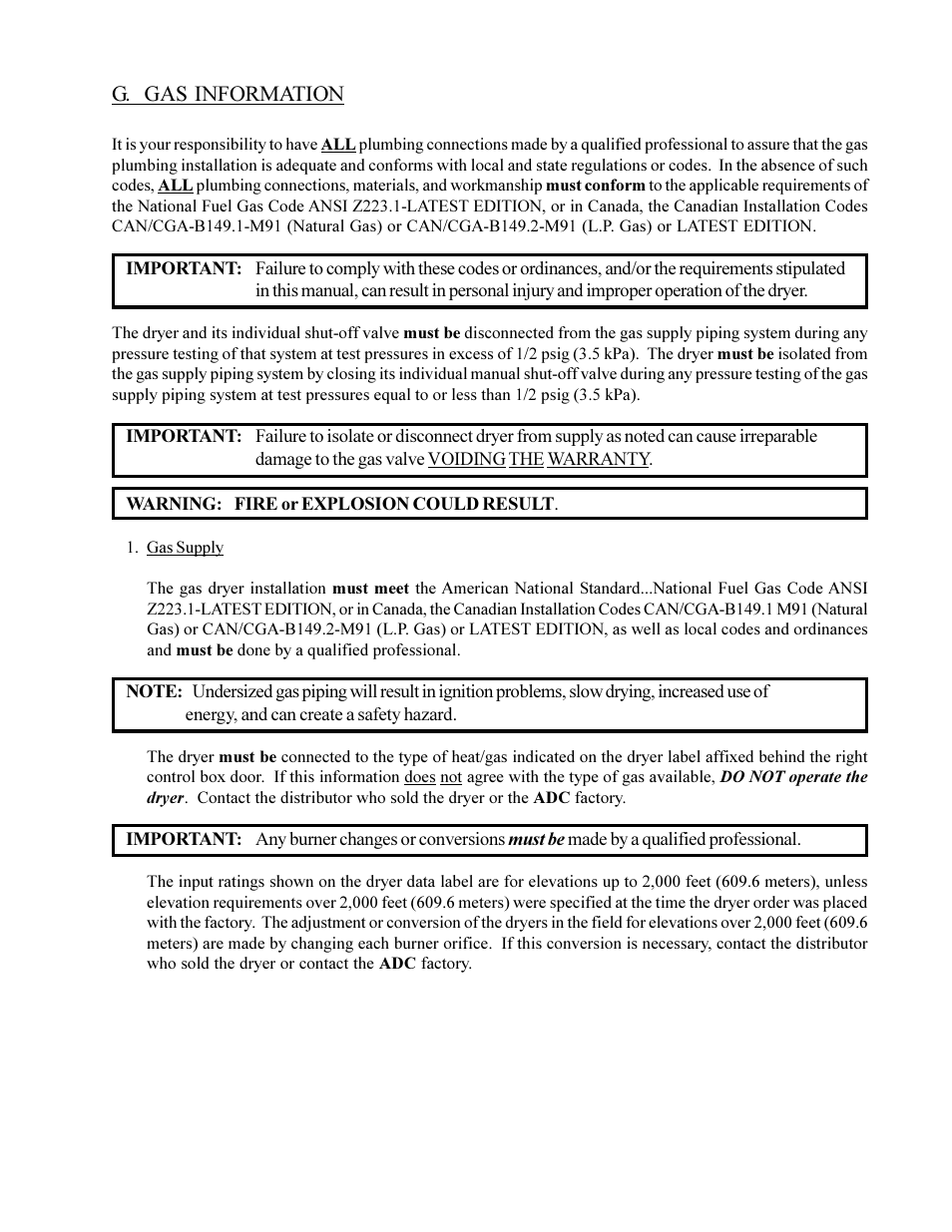 G. gas information | American Dryer Non-Tilting Phase 5 ML-200 User Manual | Page 25 / 59