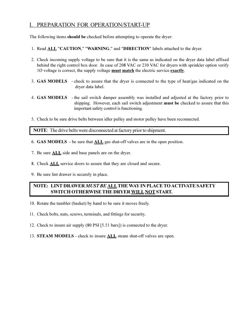 I. preparation for operation/start-up | American Dryer Non-Tilting Phase 5 ML-200 User Manual | Page 33 / 59