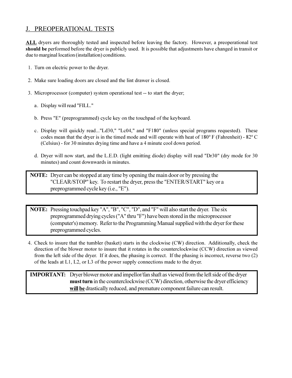 J. preoperational tests | American Dryer Non-Tilting Phase 5 ML-200 User Manual | Page 34 / 59