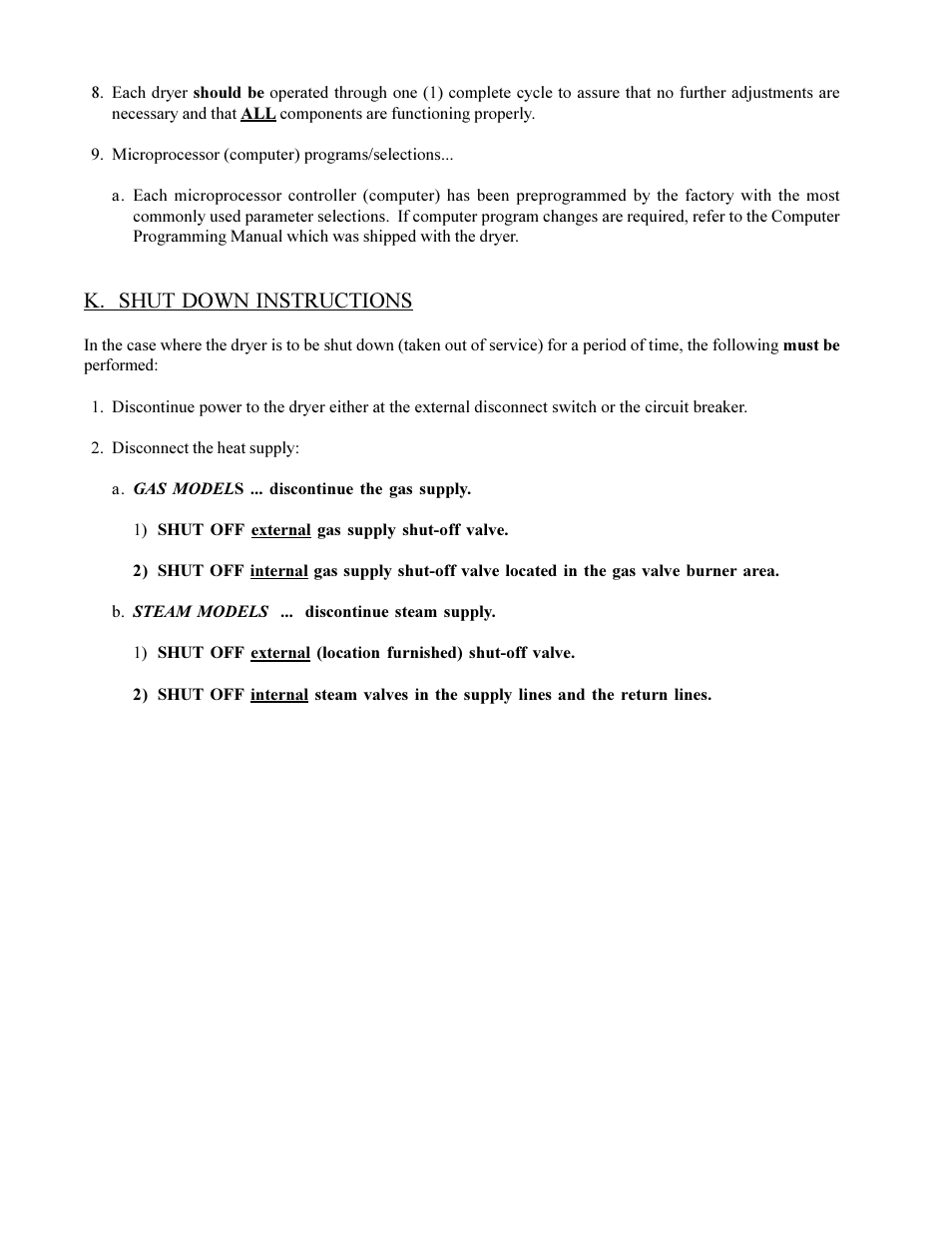 K. shut down instructions | American Dryer Non-Tilting Phase 5 ML-200 User Manual | Page 36 / 59