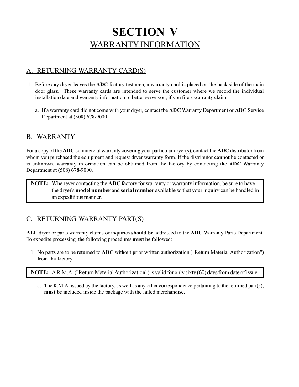 Warranty information | American Dryer Non-Tilting Phase 5 ML-200 User Manual | Page 38 / 59
