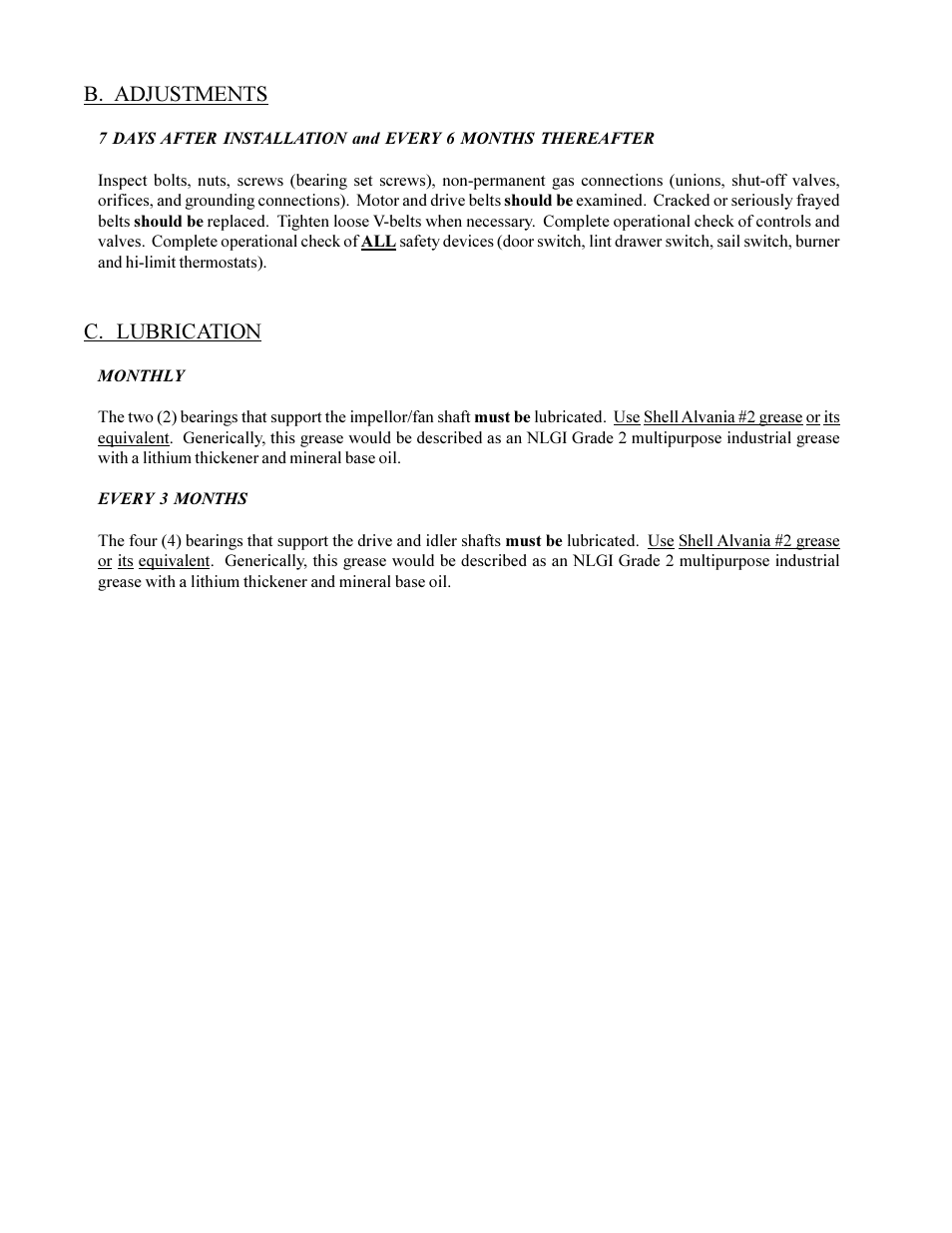B. adjustments, C. lubrication | American Dryer Non-Tilting Phase 5 ML-200 User Manual | Page 42 / 59