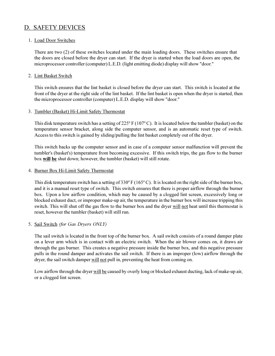 D. safety devices | American Dryer Non-Tilting Phase 5 ML-200 User Manual | Page 44 / 59