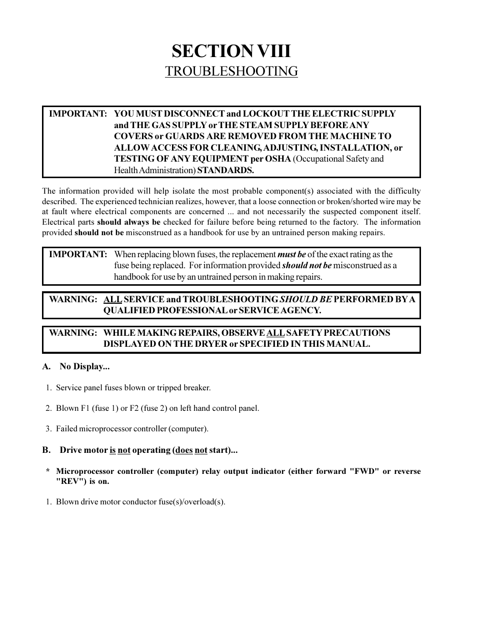 Troubleshooting | American Dryer Non-Tilting Phase 5 ML-200 User Manual | Page 46 / 59