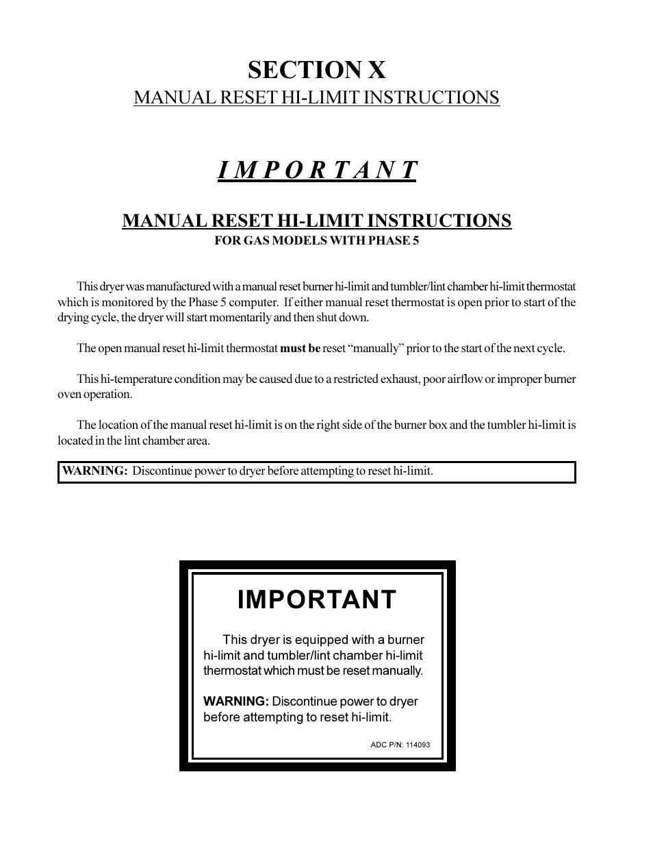 Important, Manual reset hi-limit instructions | American Dryer Non-Tilting Phase 5 ML-200 User Manual | Page 58 / 59