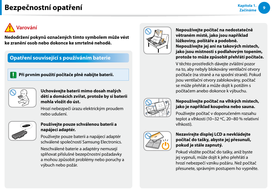 Bezpečnostní opatření, Opatření související s používáním baterie, Varování | Samsung XE500T1C User Manual | Page 10 / 117