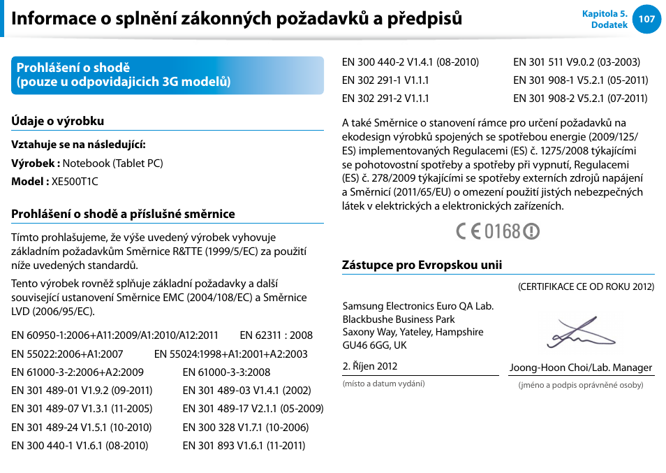 Informace o splnění zákonných požadavků a předpisů | Samsung XE500T1C User Manual | Page 108 / 117