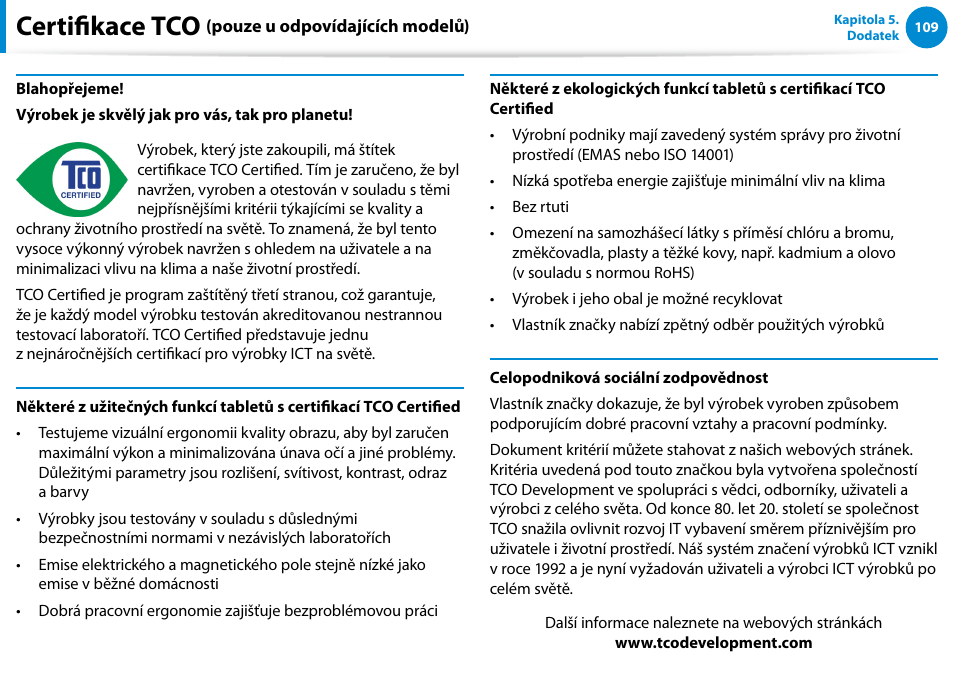 Certifikace tco (pouze u odpovídajících modelů), Certifikace tco | Samsung XE500T1C User Manual | Page 110 / 117