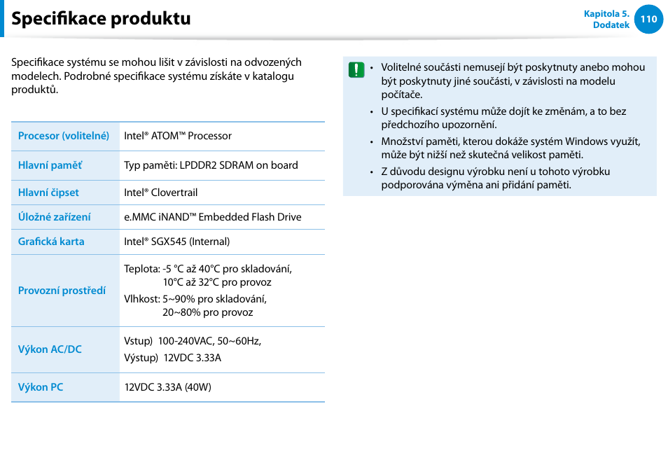 Specifikace produktu | Samsung XE500T1C User Manual | Page 111 / 117