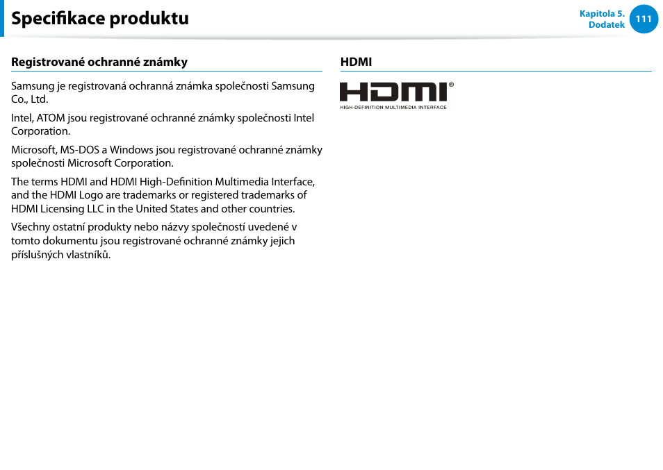 Specifikace produktu | Samsung XE500T1C User Manual | Page 112 / 117