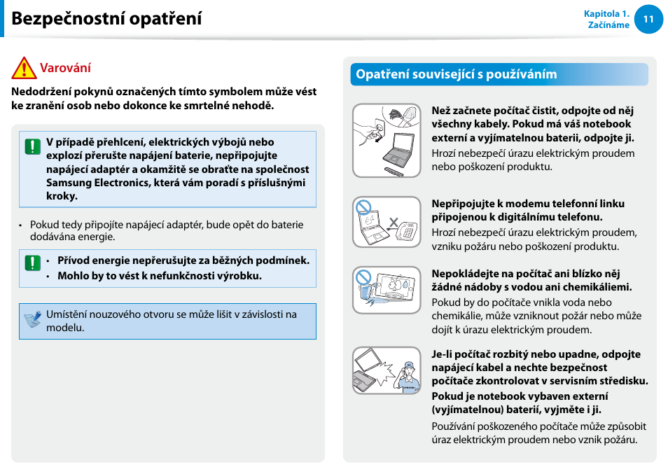 Bezpečnostní opatření, Varování, Opatření související s používáním | Samsung XE500T1C User Manual | Page 12 / 117