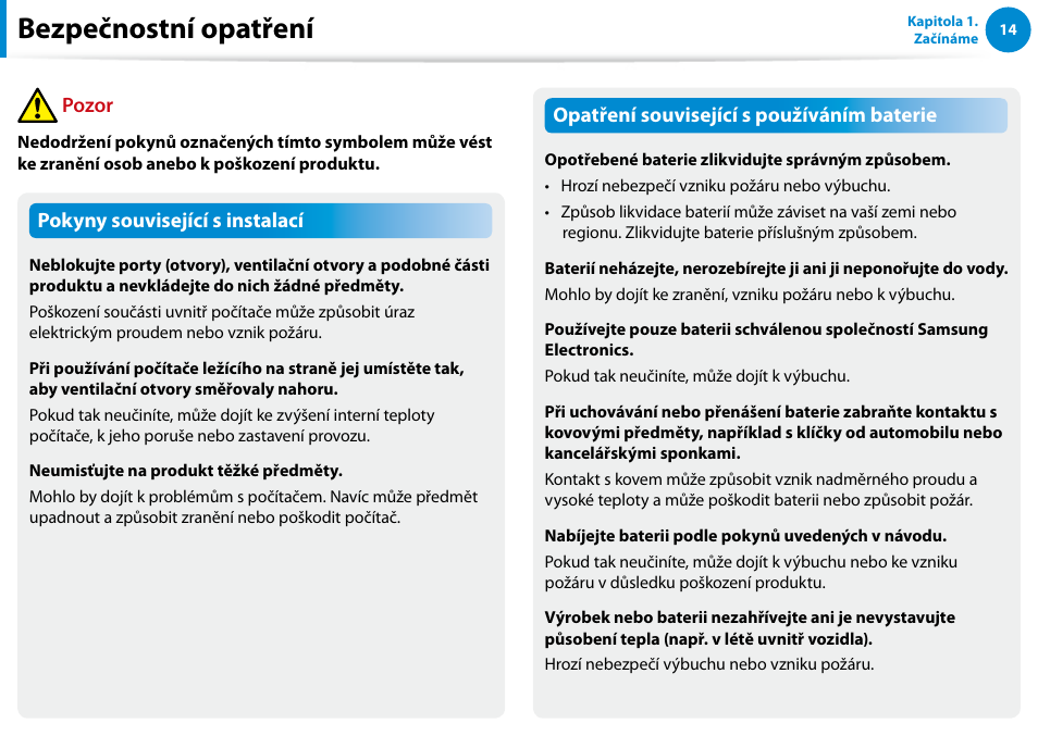 Bezpečnostní opatření | Samsung XE500T1C User Manual | Page 15 / 117