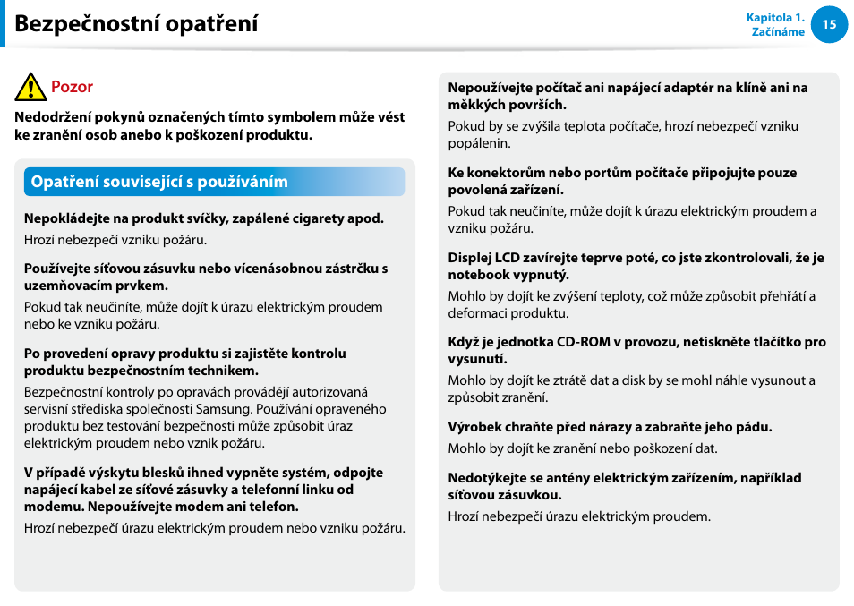 Bezpečnostní opatření, Opatření související s používáním, Pozor | Samsung XE500T1C User Manual | Page 16 / 117