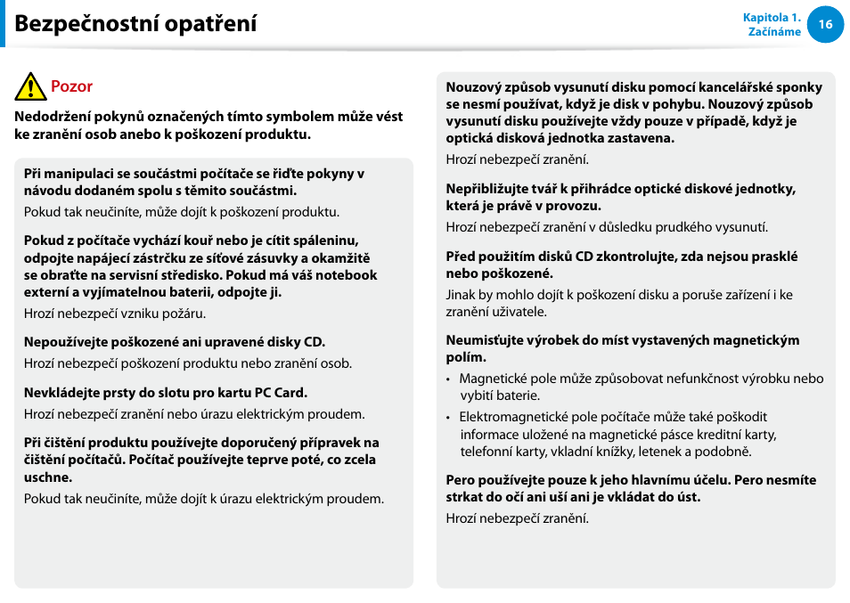 Bezpečnostní opatření, Pozor | Samsung XE500T1C User Manual | Page 17 / 117