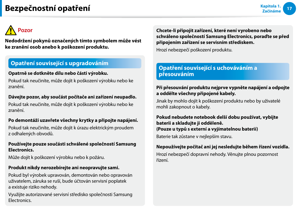 Bezpečnostní opatření | Samsung XE500T1C User Manual | Page 18 / 117