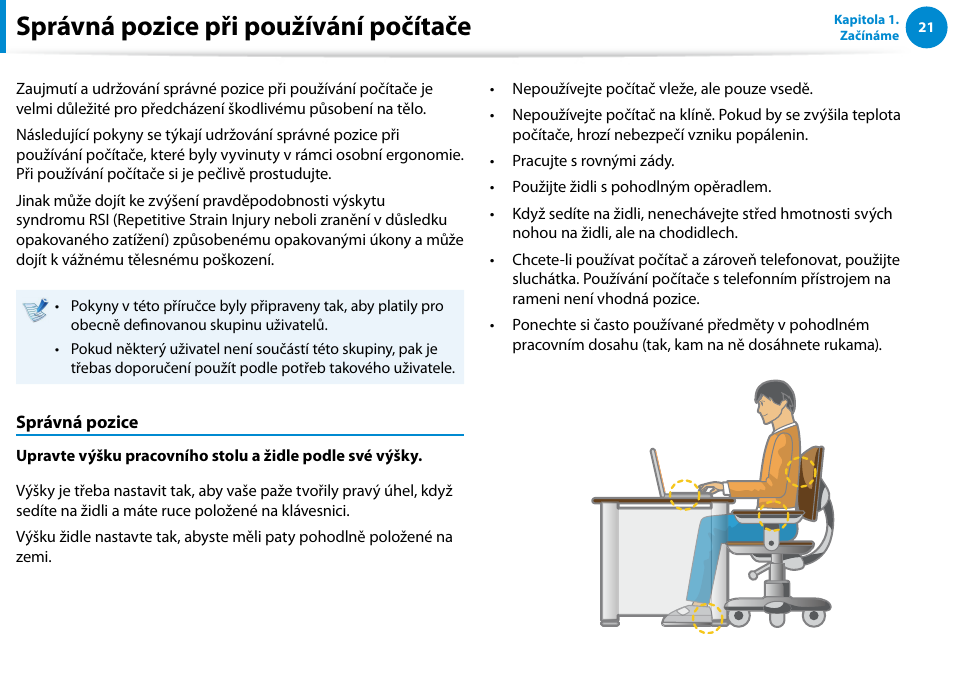 Správná pozice při používání počítače | Samsung XE500T1C User Manual | Page 22 / 117