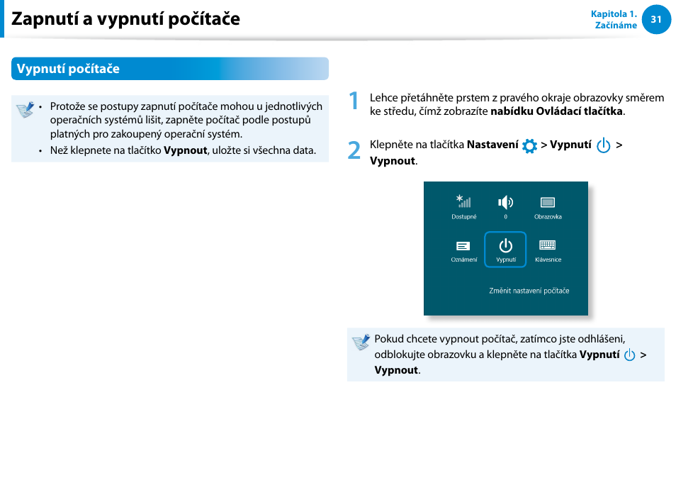 Zapnutí a vypnutí počítače, Vypnutí počítače | Samsung XE500T1C User Manual | Page 32 / 117