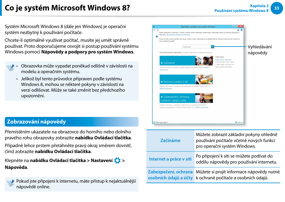 Co je systém microsoft windows 8, Zobrazování nápovědy | Samsung XE500T1C User Manual | Page 34 / 117