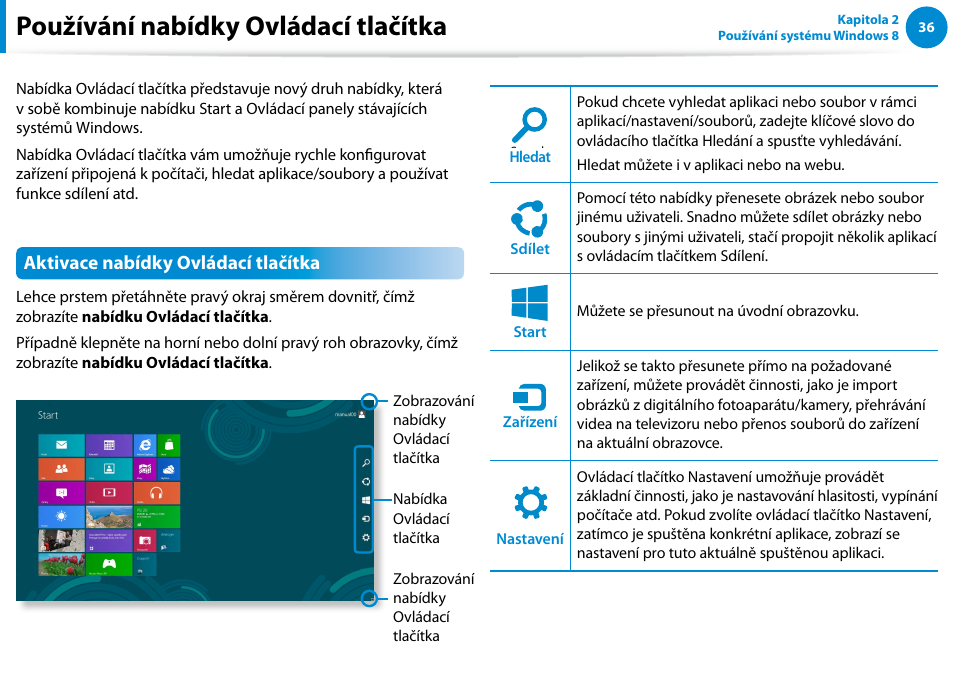 Používání nabídky ovládací tlačítka, Aktivace nabídky ovládací tlačítka | Samsung XE500T1C User Manual | Page 37 / 117