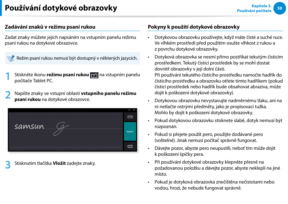 Používání dotykové obrazovky | Samsung XE500T1C User Manual | Page 51 / 117