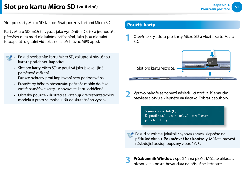 Slot pro kartu micro sd (volitelné), Slot pro kartu micro sd | Samsung XE500T1C User Manual | Page 52 / 117