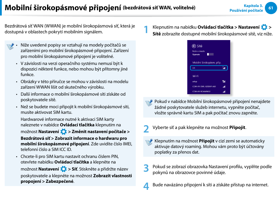 Mobilní širokopásmové připojení, Bezdrátová síť wan, volitelné) | Samsung XE500T1C User Manual | Page 62 / 117