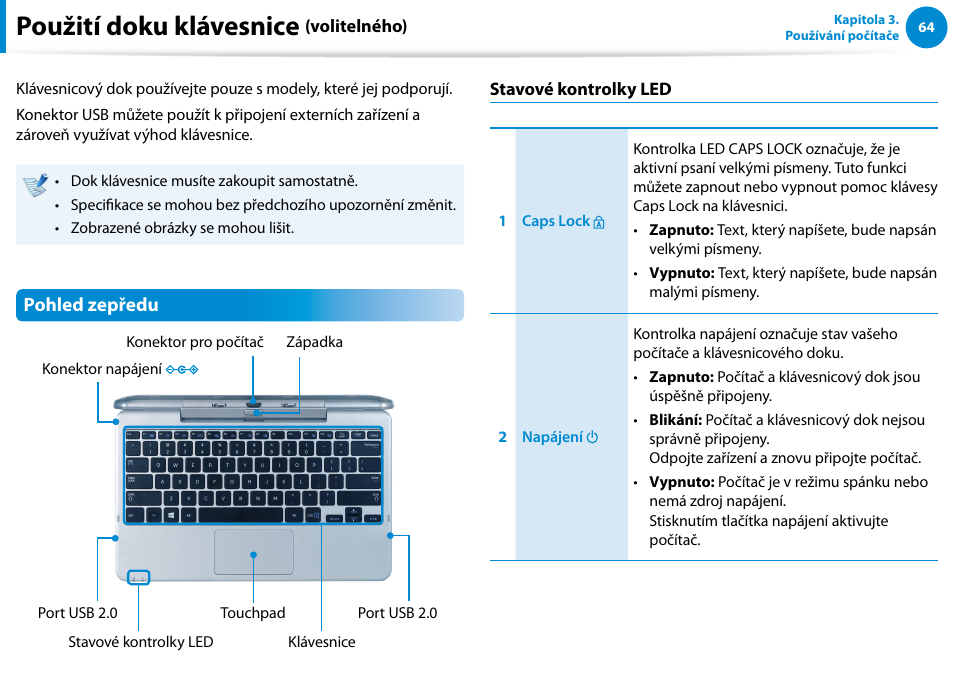 Použití doku klávesnice (volitelného), Použití doku klávesnice, Pohled zepředu | Samsung XE500T1C User Manual | Page 65 / 117