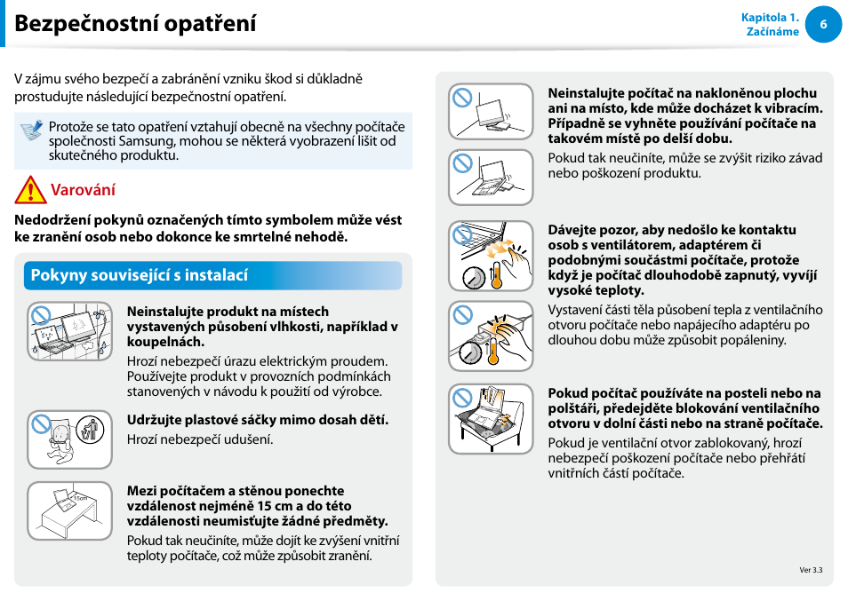 Bezpečnostní opatření, Pokyny související s instalací, Varování | Samsung XE500T1C User Manual | Page 7 / 117