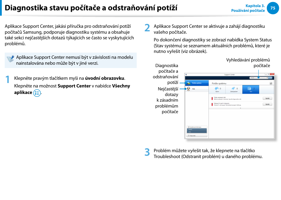 Diagnostika stavu počítače a odstraňování potíží | Samsung XE500T1C User Manual | Page 76 / 117