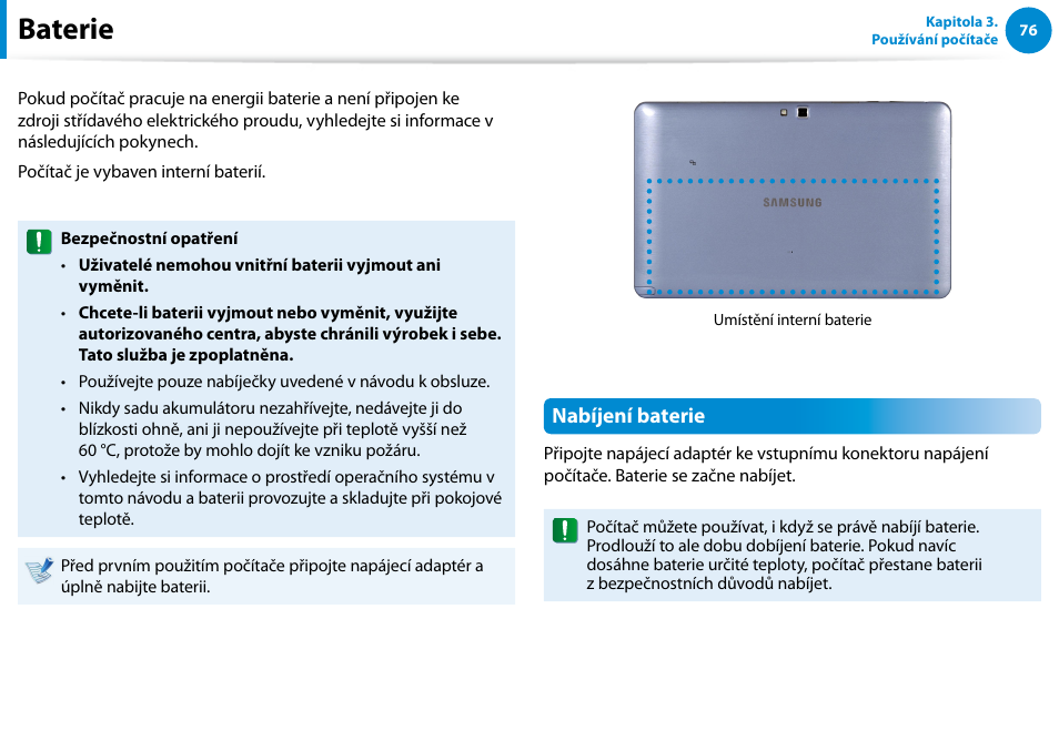 Baterie, Nabíjení baterie | Samsung XE500T1C User Manual | Page 77 / 117