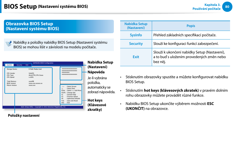 Bios setup, Obrazovka bios setup (nastavení systému bios), Nastavení systému bios) | Samsung XE500T1C User Manual | Page 81 / 117