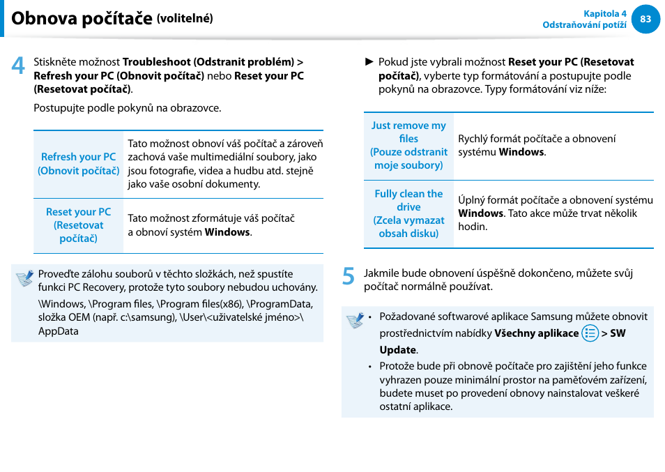 Obnova počítače | Samsung XE500T1C User Manual | Page 84 / 117