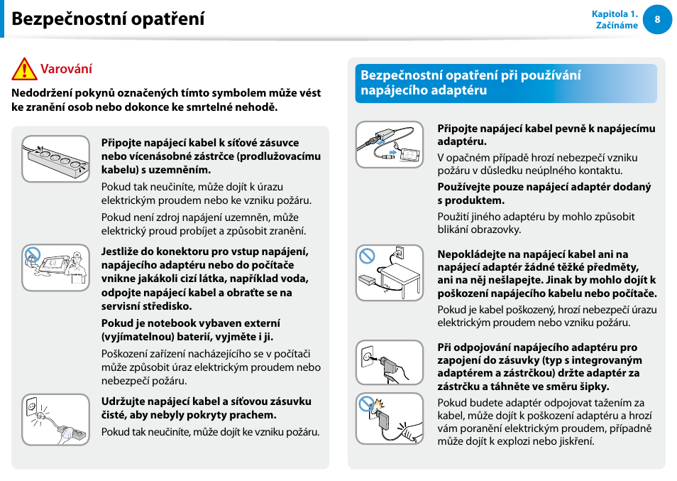 Bezpečnostní opatření, Varování | Samsung XE500T1C User Manual | Page 9 / 117