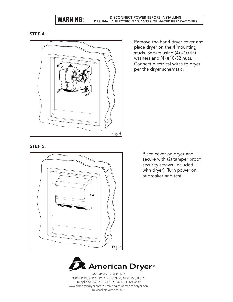 American dryer, Warning | American Dryer A Series User Manual | Page 2 / 2