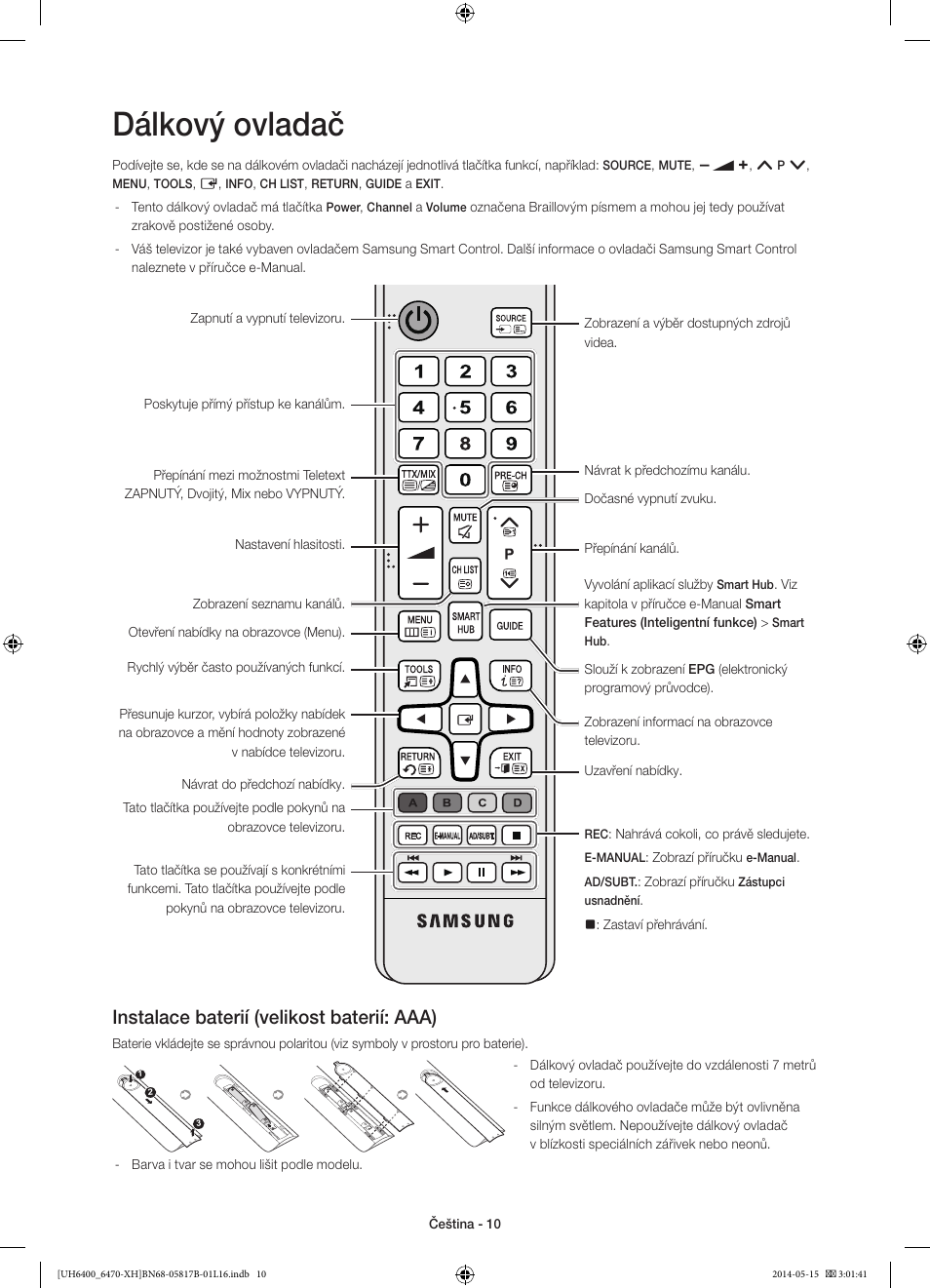 Dálkový ovladač, Instalace baterií (velikost baterií: aaa) | Samsung UE48H6400AW User Manual | Page 142 / 353