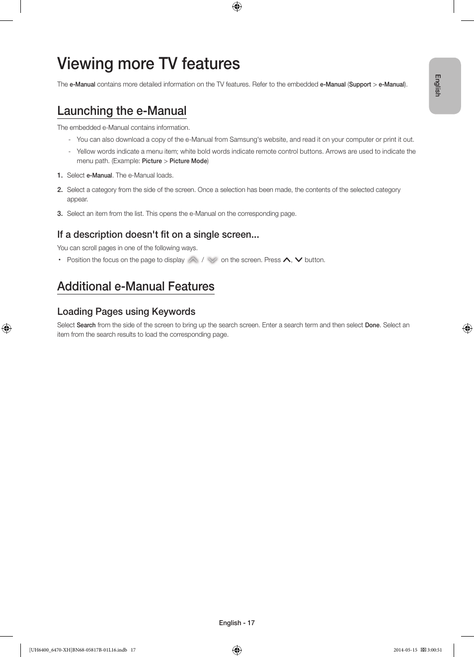 Viewing more tv features, Launching the e-manual, Additional e-manual features | If a description doesn't fit on a single screen, Loading pages using keywords | Samsung UE48H6400AW User Manual | Page 17 / 353