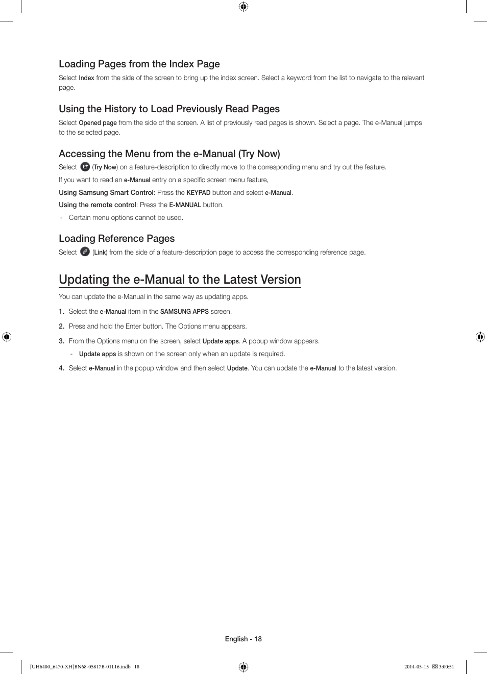 Updating the e-manual to the latest version, Loading pages from the index page, Using the history to load previously read pages | Accessing the menu from the e-manual (try now), Loading reference pages | Samsung UE48H6400AW User Manual | Page 18 / 353