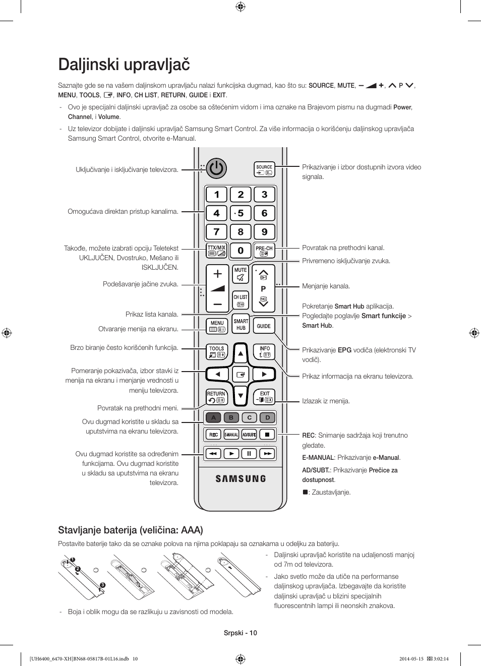 Daljinski upravljač, Stavljanje baterija (veličina: aaa) | Samsung UE48H6400AW User Manual | Page 208 / 353