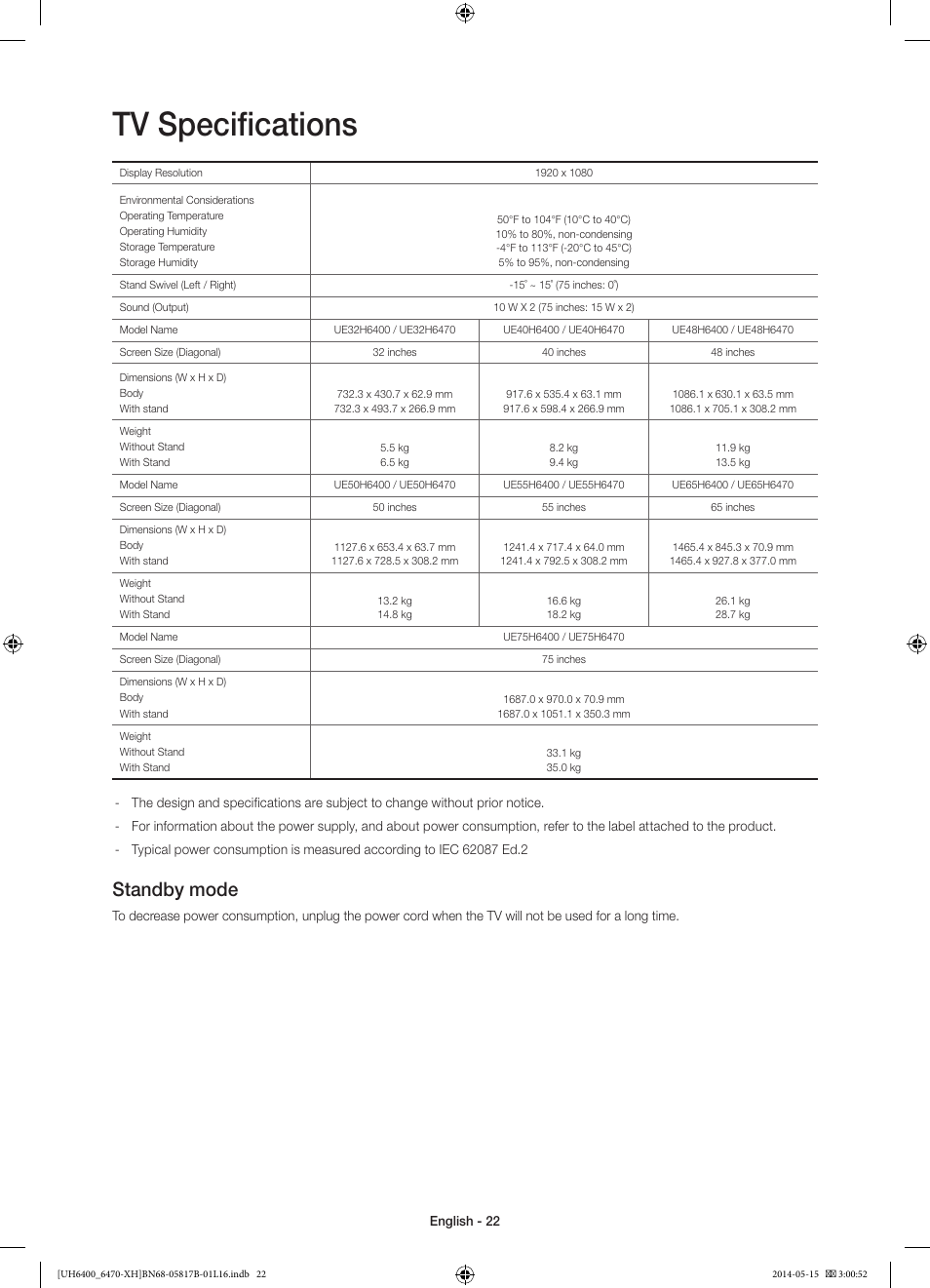 10 specifications and other information, Tv specifications, Standby mode | Samsung UE48H6400AW User Manual | Page 22 / 353