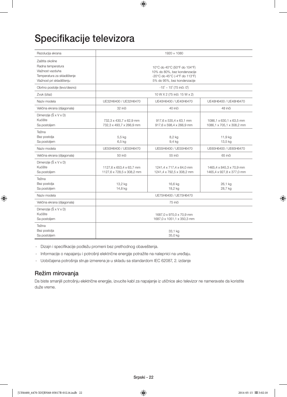 Specifikacije televizora, Režim mirovanja | Samsung UE48H6400AW User Manual | Page 220 / 353