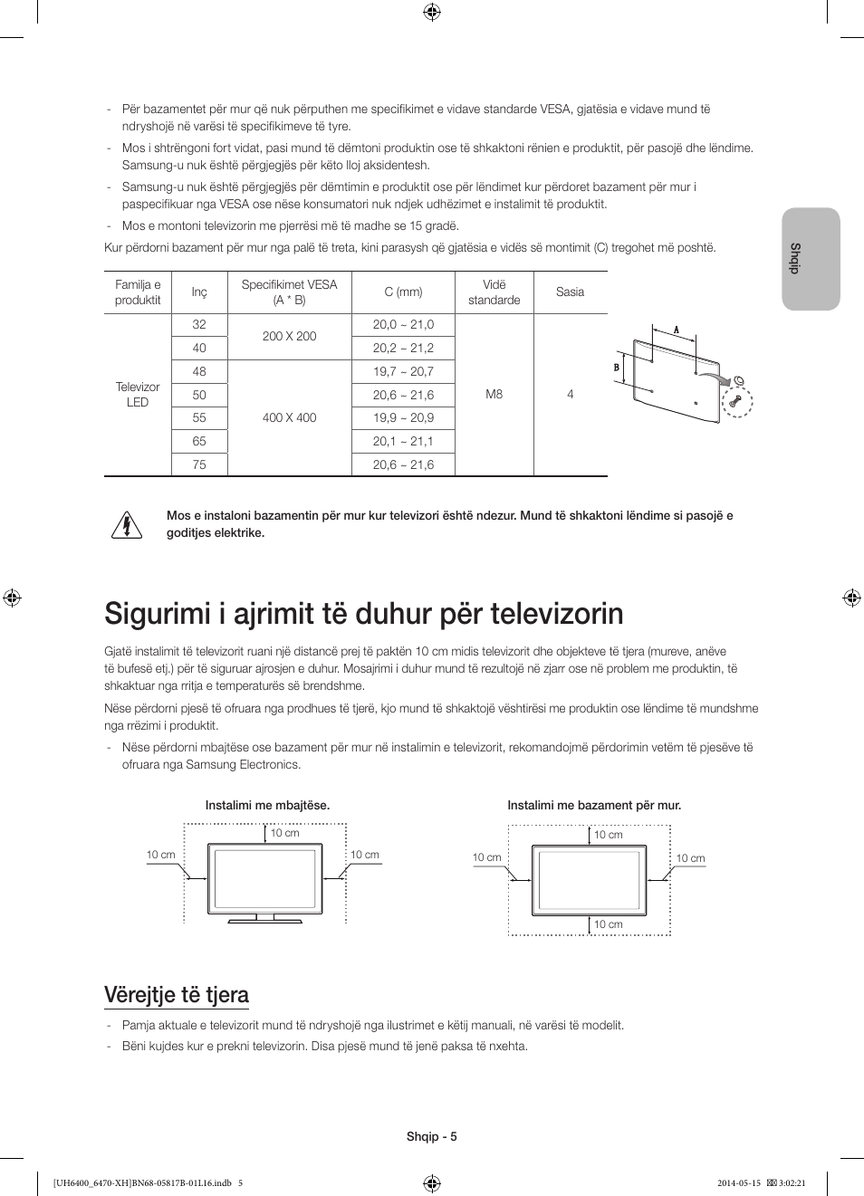 Sigurimi i ajrimit të duhur për televizorin, Vërejtje të tjera | Samsung UE48H6400AW User Manual | Page 225 / 353