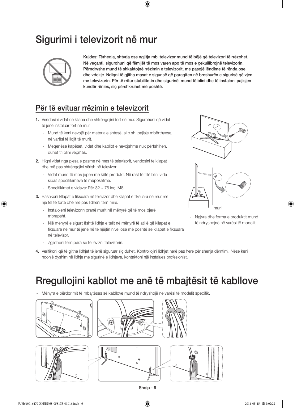 Sigurimi i televizorit në mur, Për të evituar rrëzimin e televizorit | Samsung UE48H6400AW User Manual | Page 226 / 353