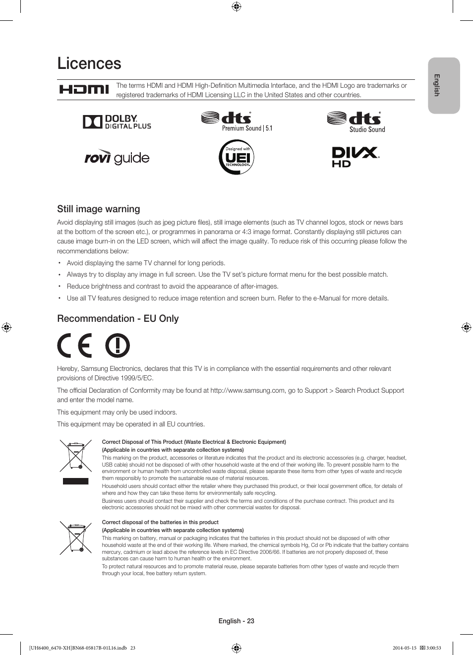 10 specifications and other information, Licences, Still image warning | Recommendation - eu only | Samsung UE48H6400AW User Manual | Page 23 / 353