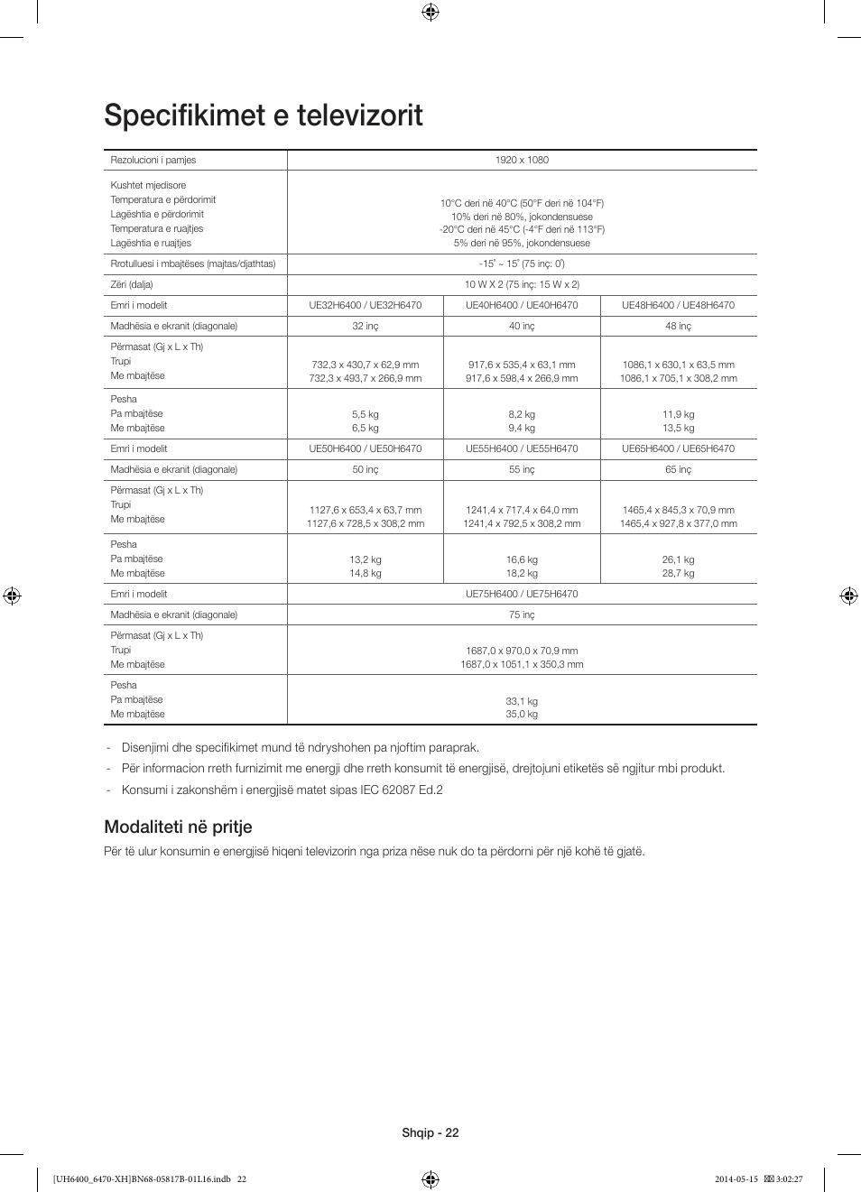 Specifikimet e televizorit, Modaliteti në pritje | Samsung UE48H6400AW User Manual | Page 242 / 353