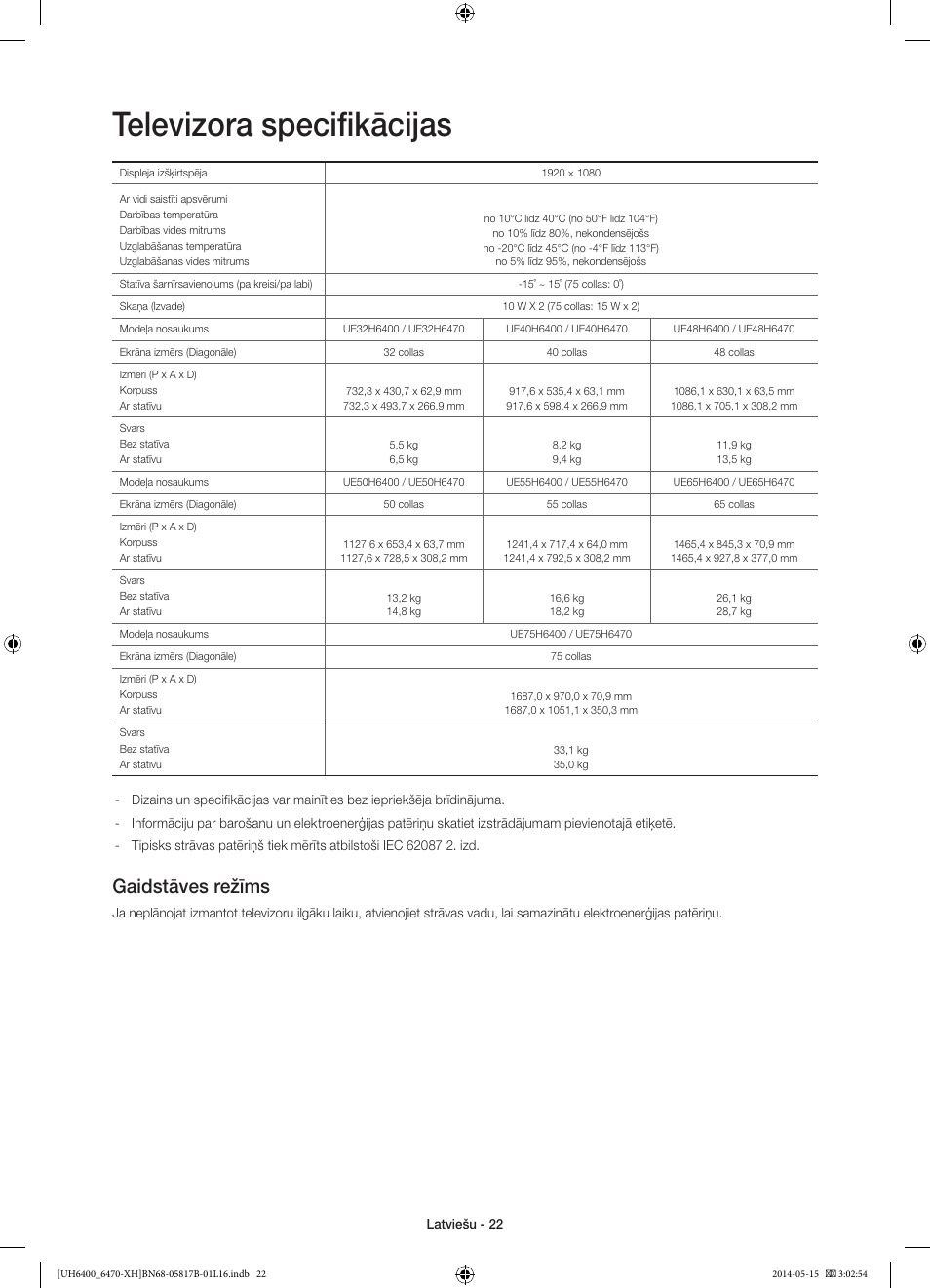 Televizora specifikācijas, Gaidstāves režīms | Samsung UE48H6400AW User Manual | Page 308 / 353