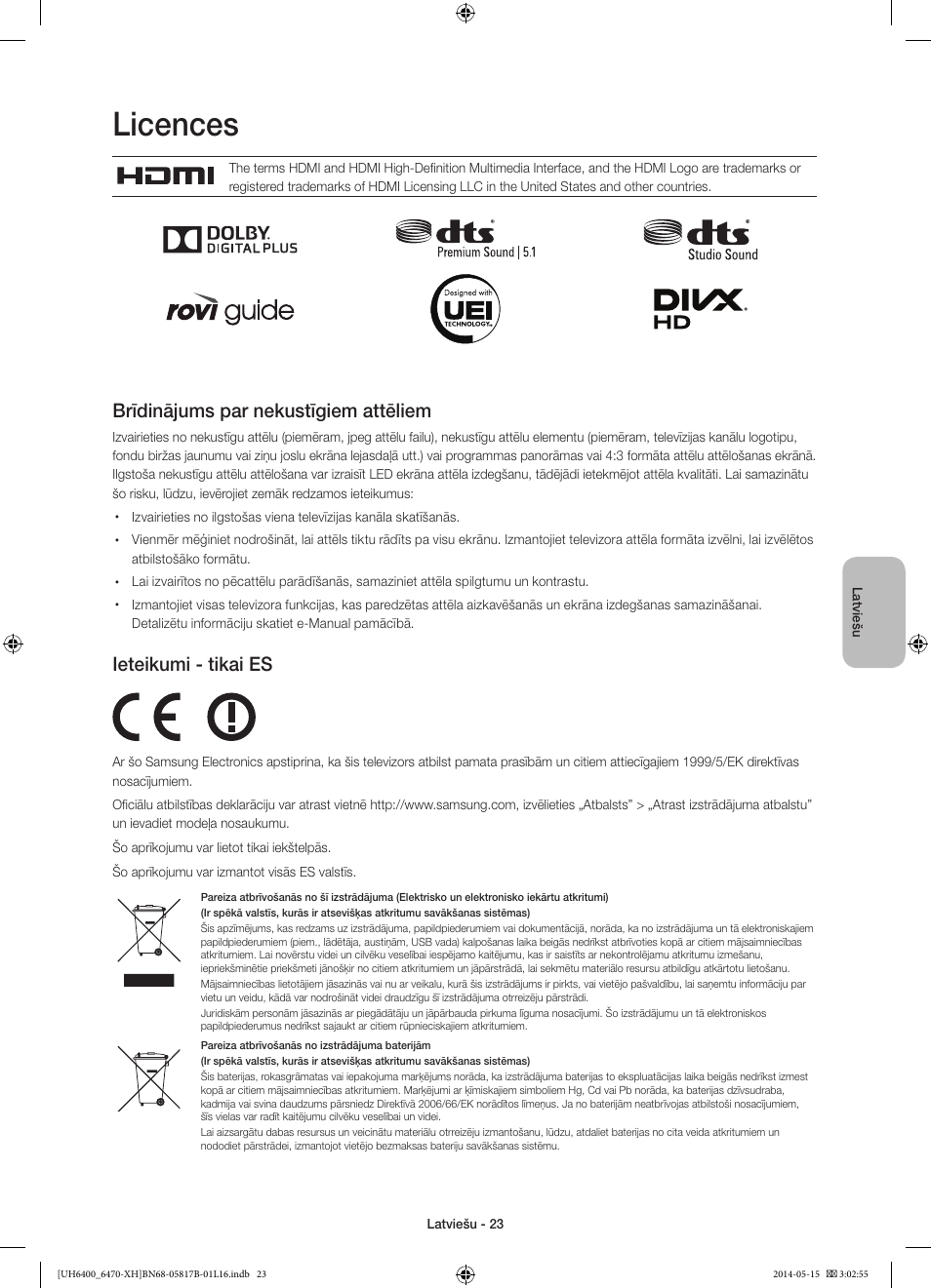 Licences, Brīdinājums par nekustīgiem attēliem, Ieteikumi - tikai es | Samsung UE48H6400AW User Manual | Page 309 / 353