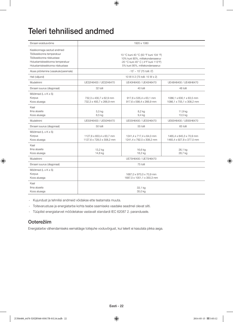 Teleri tehnilised andmed, Ooterežiim | Samsung UE48H6400AW User Manual | Page 352 / 353