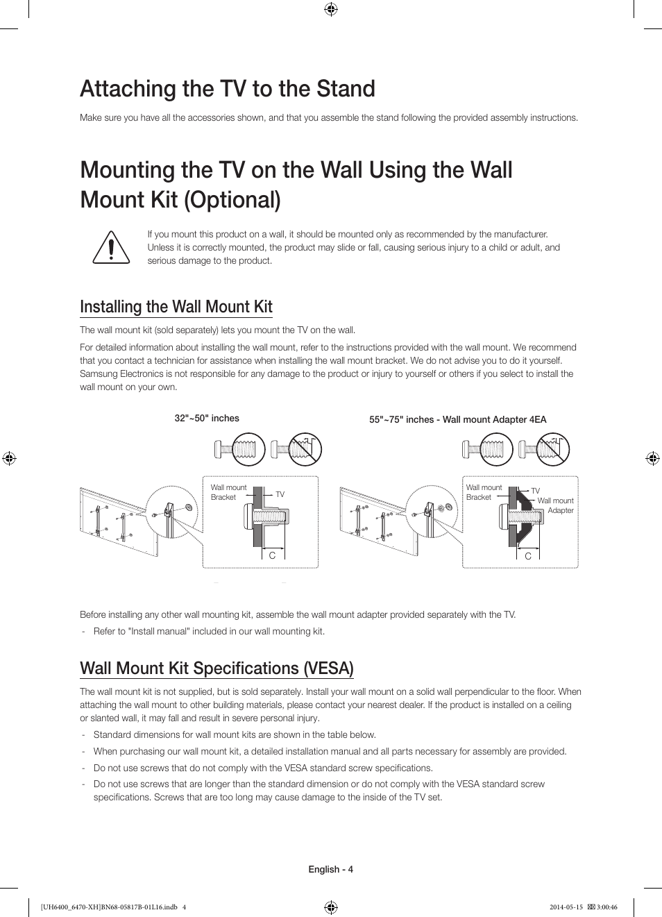 02 assembling the tv, Attaching the tv to the stand, Installing the wall mount kit | Wall mount kit specifications (vesa) | Samsung UE48H6400AW User Manual | Page 4 / 353