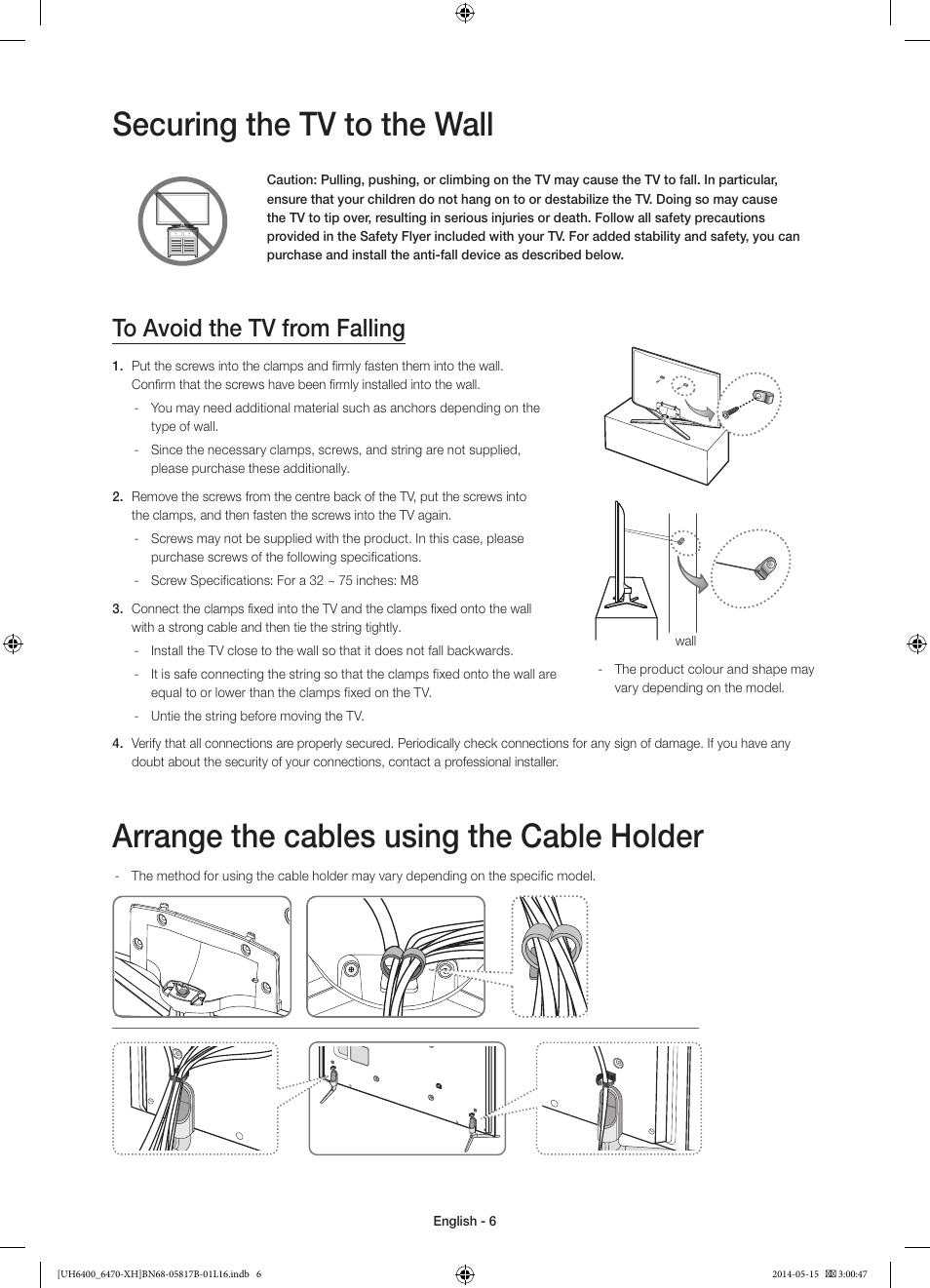 Securing the tv to the wall, Arrange the cables using the cable holder | Samsung UE48H6400AW User Manual | Page 6 / 353