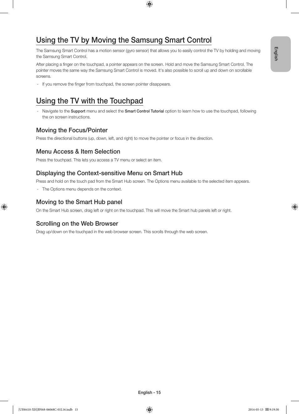Using the tv by moving the samsung smart control, Using the tv with the touchpad, Moving the focus/pointer | Menu access & item selection, Displaying the context-sensitive menu on smart hub, Moving to the smart hub panel, Scrolling on the web browser | Samsung UE32H6410SS User Manual | Page 15 / 353